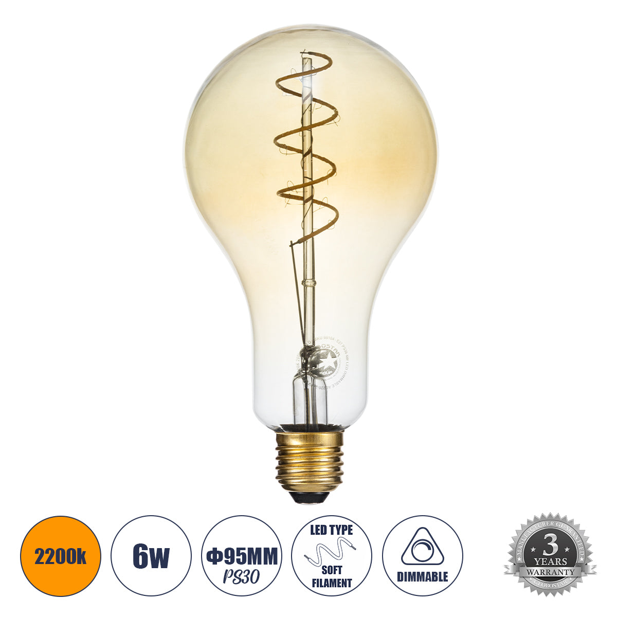 99164 Λάμπα LED Soft S Spiral Filament E27 PS30 CHERRY Γλόμπος 4W 280lm 360° AC 220-240V IP20 Φ9.5 x Υ13.4cm Ultra Θερμό Λευκό 2200K με Μελί Γυαλί Dimmable