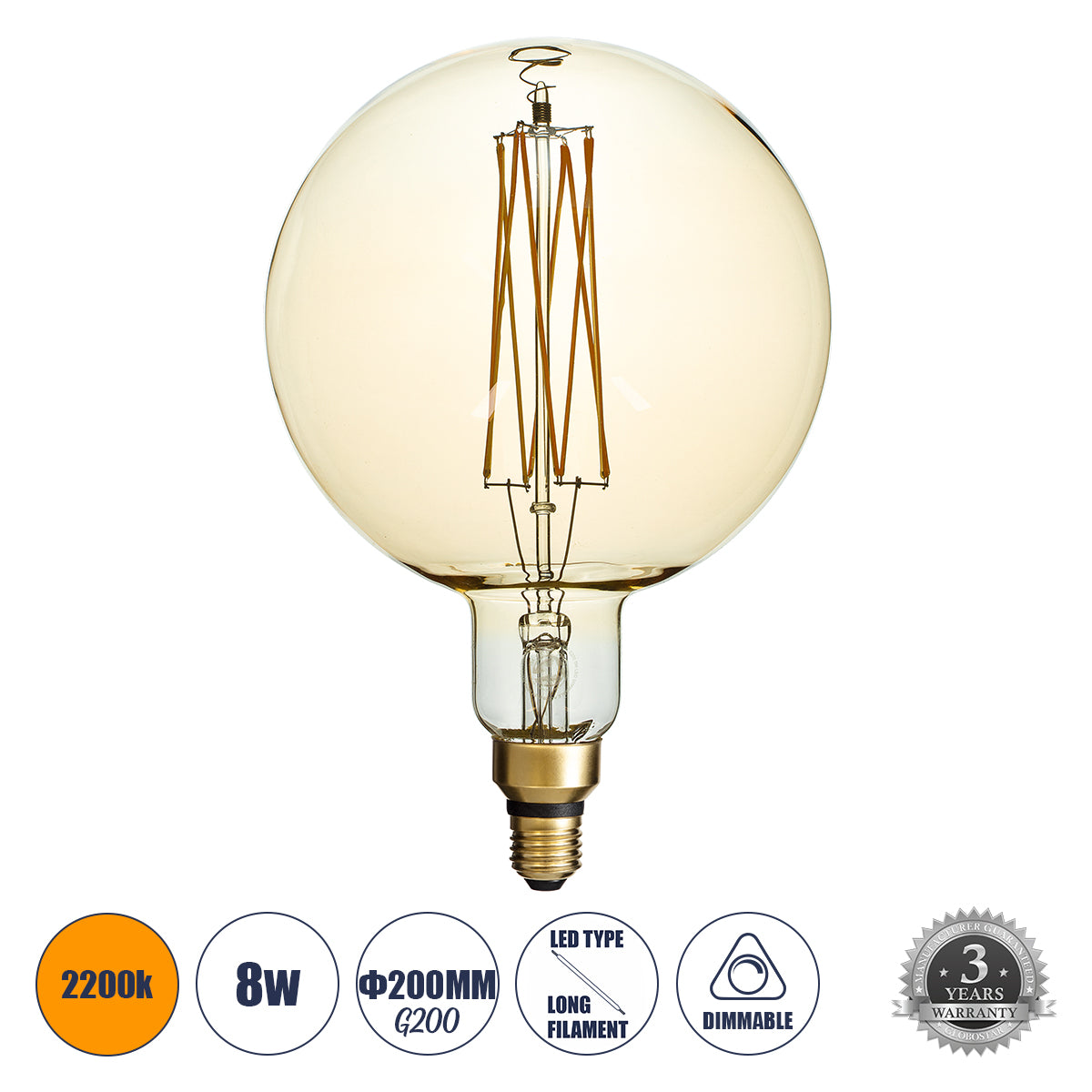 99165 Λάμπα LED Long Filament E27 G200 PITAYAS Γλόμπος 8W 720lm 360° AC 220-240V IP20 Φ20 x Υ30cm Ultra Θερμό Λευκό 2200K με Μελί Γυαλί - Dimmable