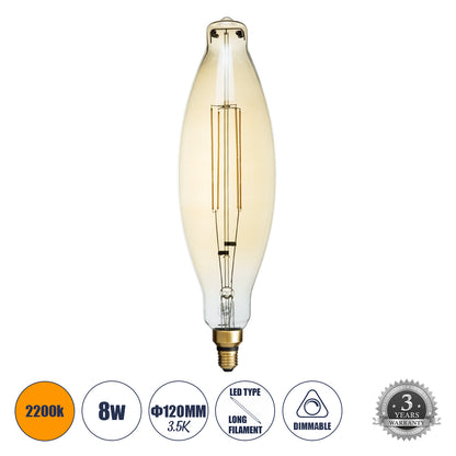 99167 Λάμπα LED Long Filament E27 3.5K AVOCADOS Γλόμπος 8W 650lm 360° AC 220-240V IP20 Φ12 x Υ44cm Ultra Θερμό Λευκό 2200K με Μελί Γυαλί Dimmable