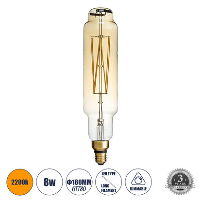 99168 Λάμπα LED Long Filament E27 BTT80 BANANAS Γλόμπος 8W 720lm 360° AC 220-240V IP20 Φ7.8 x Υ34.5cm Ultra Θερμό Λευκό 2200K με Μελί Γυαλί - Dimmable