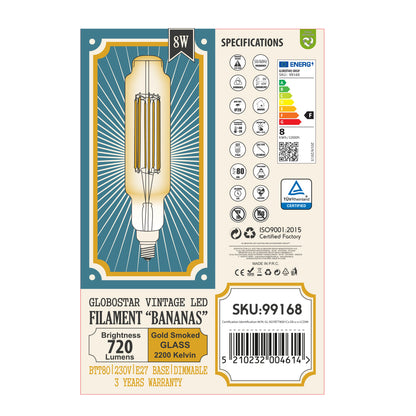 99168 Λάμπα LED Long Filament E27 BTT80 BANANAS Γλόμπος 8W 720lm 360° AC 220-240V IP20 Φ7.8 x Υ34.5cm Ultra Θερμό Λευκό 2200K με Μελί Γυαλί - Dimmable