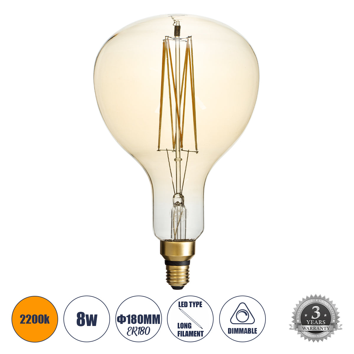 99169 Λάμπα LED Long Filament E27 ER180 PAPAYAS Γλόμπος 8W 720lm 360° AC 220-240V IP20 Φ18 x Υ30cm Ultra Θερμό Λευκό 2200K με Μελί Γυαλί - Dimmable