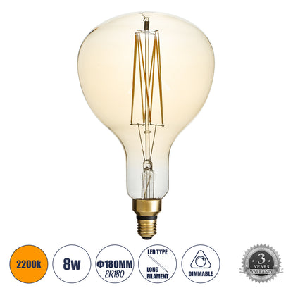 99169 Λάμπα LED Long Filament E27 ER180 PAPAYAS Γλόμπος 8W 720lm 360° AC 220-240V IP20 Φ18 x Υ30cm Ultra Θερμό Λευκό 2200K με Μελί Γυαλί - Dimmable