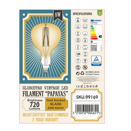 99169 Λάμπα LED Long Filament E27 ER180 PAPAYAS Γλόμπος 8W 720lm 360° AC 220-240V IP20 Φ18 x Υ30cm Ultra Θερμό Λευκό 2200K με Μελί Γυαλί - Dimmable