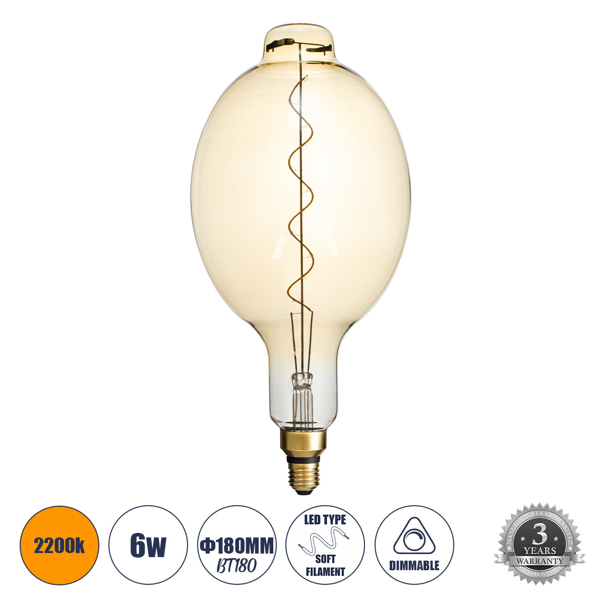 99170 Λάμπα LED Soft S Spiral Filament E27 BT180 MANGOS Γλόμπος 6W 420lm 360° AC 220-240V IP20 Φ18 x Υ39cm Ultra Θερμό Λευκό 2200K με Μελί Γυαλί - Dimmable