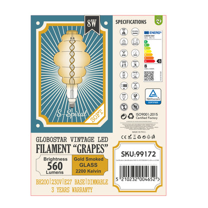 99172 Λάμπα LED Soft S Spiral Filament E27 BH200 GRAPES Γλόμπος 8W 560lm 360° AC 220-240V IP20 Φ20 x Υ41cm Ultra Θερμό Λευκό 2200K με Μελί Γυαλί - Dimmable