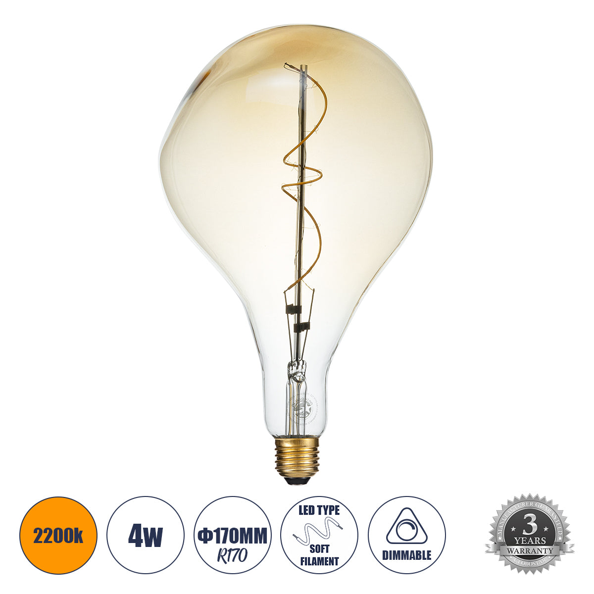 99175 Λάμπα LED Soft S Spiral Filament E27 R170 ROCK Γλόμπος 4W 280lm 360° AC 220-240V IP20 Φ16.5 x Υ28cm Ultra Θερμό Λευκό 2200K με Μελί Γυαλί Dimmable