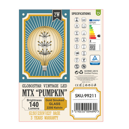 99211 Λάμπα LED MTX Diode HP E27 G150 PUMPKIN Γλόμπος 1.6W 140lm 360° AC 220-240V IP20 Φ15 x Υ19cm Ultra Θερμό Λευκό 2200K με Μελί Γυαλί