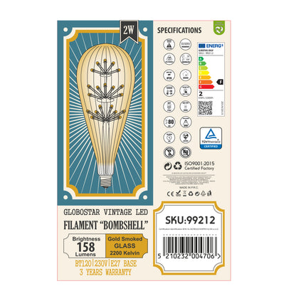 99212 Λάμπα LED MTX Diode HP E27 BT125 BOMBSHELL Γλόμπος 1.8W 158lm 360° AC 220-240V IP20 Φ12.5 x Υ29cm Ultra Θερμό Λευκό 2200K με Μελί Γυαλί - Dimmable