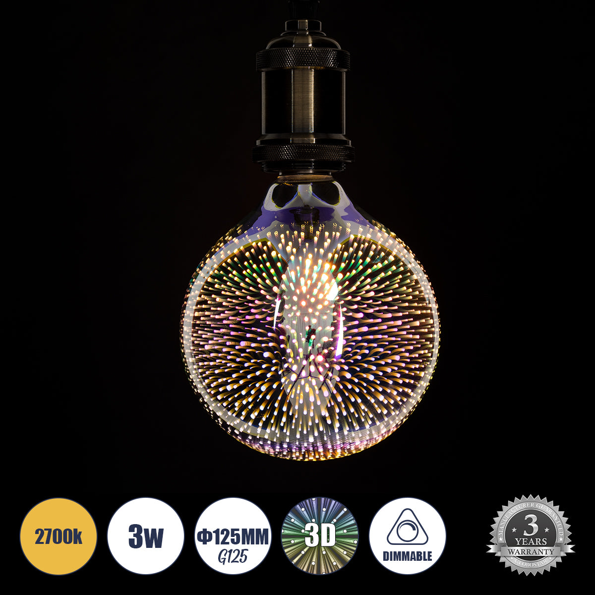 99271 Λάμπα LED Long Filament E27 G125 Γλόμπος 3D GALAXY EFFECT Γλόμπος 3W 201lm 360° AC 220-240V IP20 Φ12.5 x Υ18cm Θερμό Λευκό 2700K με Galaxy Mirror Γυαλί - Dimmable