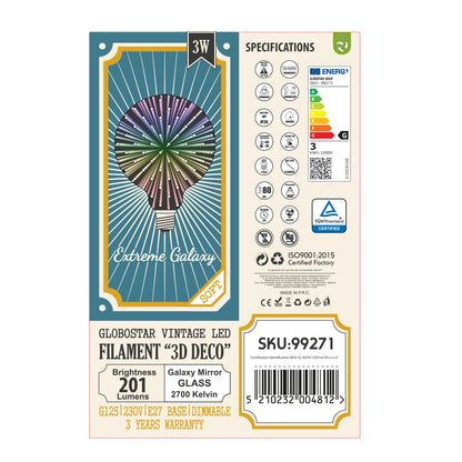 99271 Λάμπα LED Long Filament E27 G125 Γλόμπος 3D GALAXY EFFECT Γλόμπος 3W 201lm 360° AC 220-240V IP20 Φ12.5 x Υ18cm Θερμό Λευκό 2700K με Galaxy Mirror Γυαλί - Dimmable