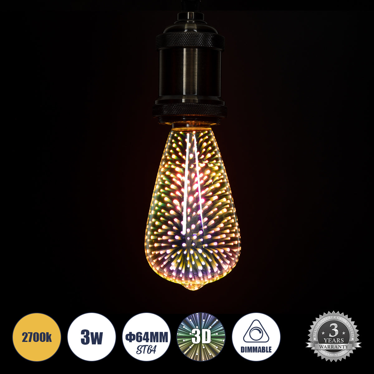 99272 Λάμπα LED Long Filament E27 ST64 Αχλάδι 3D Galaxy Effect 3W 201lm 360° AC 220-240V IP20 Φ6.4 x Υ14cm Θερμό Λευκό 2700K με Galaxy Mirror Γυαλί - Dimmable