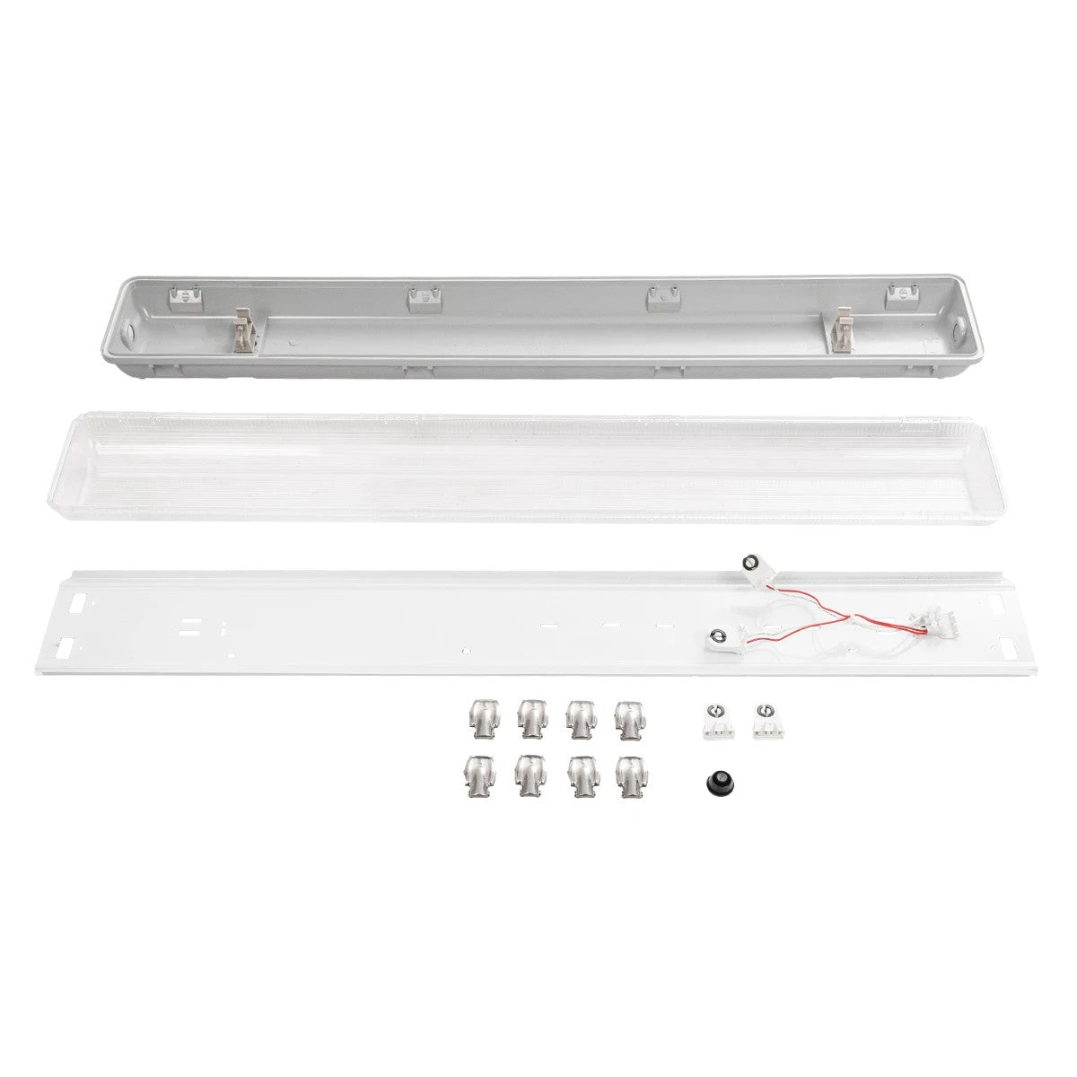 VIGAS 999-0250 Γραμμικό Βιομηχανικό Φωτιστικό Σκαφάκι Tri-Proof με Μεταλλικά Clips για 2 x Λάμπες T8 G13 90cm Τύπου Φθορίου LED Τροφοδοσίας Ενός Άκρου 120° AC 220-240V Αδιάβροχο IP65 - Γκρι με Διάφανο Κάλυμμα Πλαστικό PC - Μ100 x Π15 x Υ10