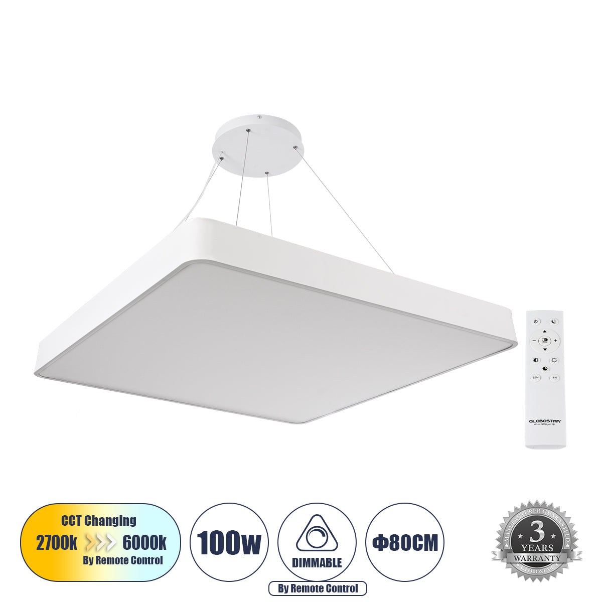 KAMALA 61211-P Κρεμαστή Πλαφονιέρα Οροφής LED CCT 100W 11020lm 120° AC 220-240V - Εναλλαγή Φωτισμού μέσω Τηλεχειριστηρίου All In One Ψυχρό 6000k+Φυσικό 4500k+Θερμό 2700k Dimmable Μ80 x Π80 x Υ8cm - Λευκό