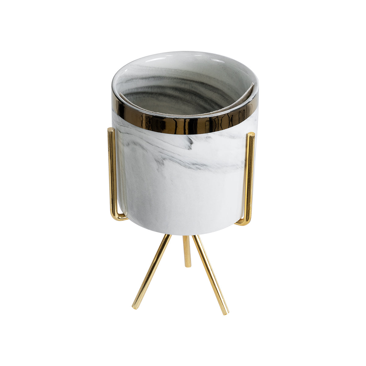 ALASKA 20565 Διακοσμητικό Κεραμικό Κασπώ Γλάστρα - Flower Pot Λευκό με Χρυσή Μεταλλική Βάση και Μαύρες Λεπτομέρειες Φ8 x Υ15cm