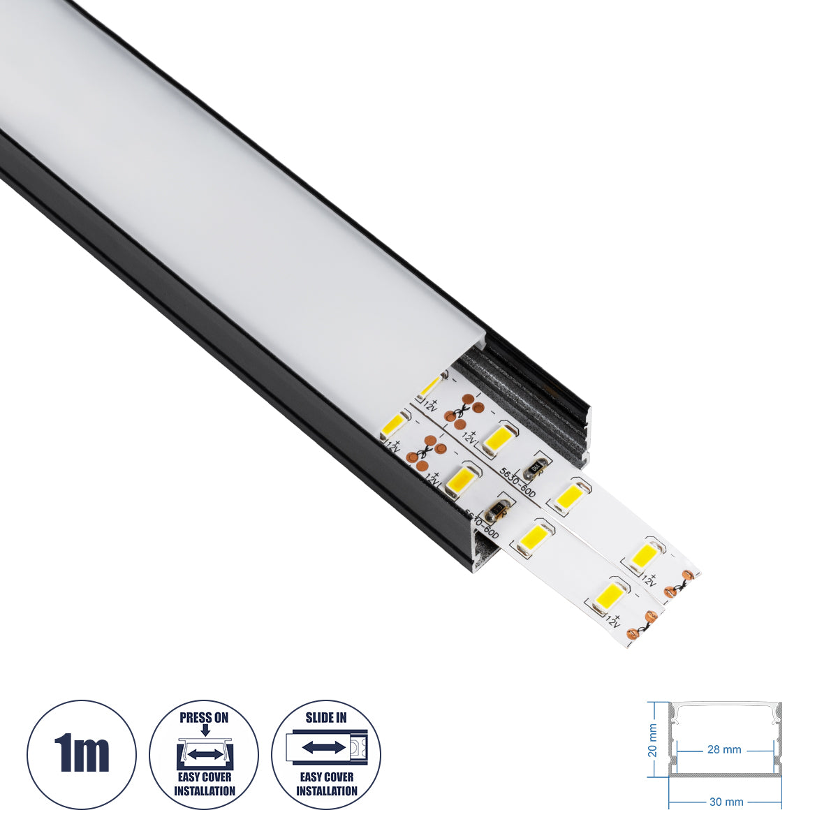 ALP-LINEAR VEXTA 70825-1M Επιφανειακό Προφίλ Αλουμινίου με Λευκό Γαλακτερό Πατητό Κάλυμμα για Ταινίες LED IP20 - Μαύρο & Λευκό - Μ100 x Π3 x Υ2