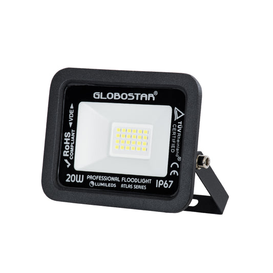 ATLAS 61410 Επαγγελματικός Προβολέας LED 20W 2500lm 120° AC 220-240V - Αδιάβροχος IP67 - Μ12 x Π2.5 x Υ9.5cm - Μαύρο - Ψυχρό Λευκό 6000K - LUMILEDS Chips - TÜV Rheinland Certified