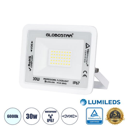 ATLAS 61413 Επαγγελματικός Προβολέας LED 30W 3750lm 120° AC 220-240V - Αδιάβροχος IP67 - Μ16 x Π2.5 x Υ12.5cm - Λευκό - Ψυχρό Λευκό 6000K - LUMILEDS Chips - TÜV Rheinland Certified