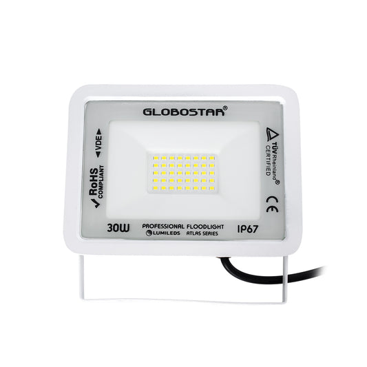 ATLAS 61413 Επαγγελματικός Προβολέας LED 30W 3750lm 120° AC 220-240V - Αδιάβροχος IP67 - Μ16 x Π2.5 x Υ12.5cm - Λευκό - Ψυχρό Λευκό 6000K - LUMILEDS Chips - TÜV Rheinland Certified