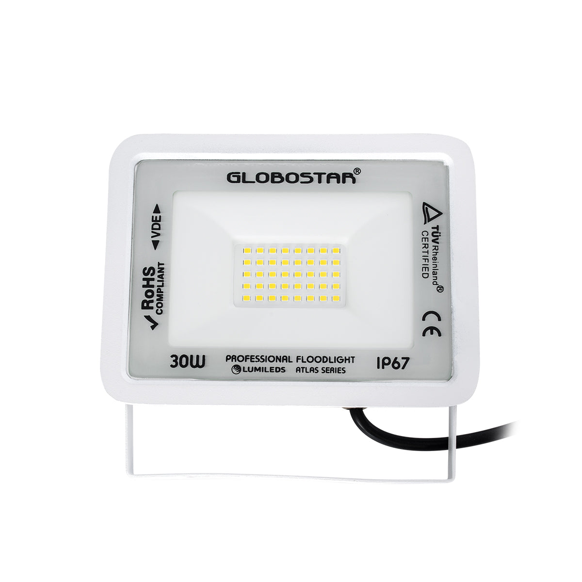 ATLAS 61414 Επαγγελματικός Προβολέας LED 30W 3600lm 120° AC 220-240V - Αδιάβροχος IP67 - Μ16 x Π2.5 x Υ12.5cm - Λευκό - Φυσικό Λευκό 4500K - LUMILEDS Chips - TÜV Rheinland Certified