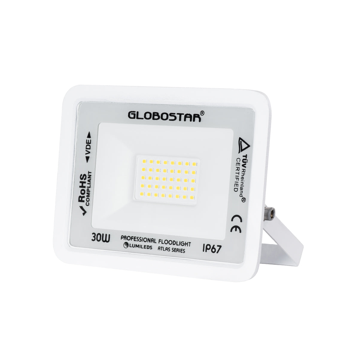 ATLAS 61414 Επαγγελματικός Προβολέας LED 30W 3600lm 120° AC 220-240V - Αδιάβροχος IP67 - Μ16 x Π2.5 x Υ12.5cm - Λευκό - Φυσικό Λευκό 4500K - LUMILEDS Chips - TÜV Rheinland Certified