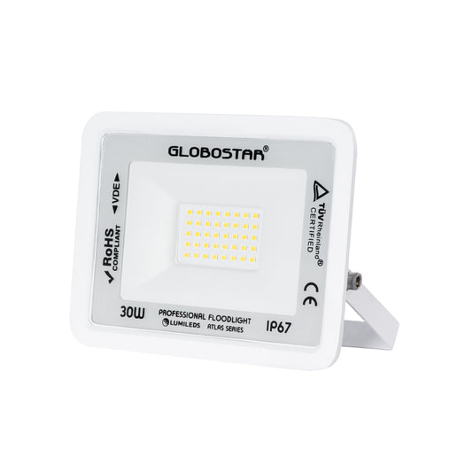 ATLAS 61414 Επαγγελματικός Προβολέας LED 30W 3600lm 120° AC 220-240V - Αδιάβροχος IP67 - Μ16 x Π2.5 x Υ12.5cm - Λευκό - Φυσικό Λευκό 4500K - LUMILEDS Chips - TÜV Rheinland Certified