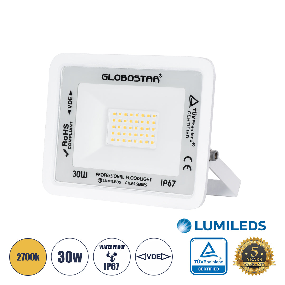 ATLAS 61415 Επαγγελματικός Προβολέας LED 30W 3450lm 120° AC 220-240V - Αδιάβροχος IP67 - Μ16 x Π2.5 x Υ12.5cm - Λευκό - Θερμό Λευκό 2700K - LUMILEDS Chips - TÜV Rheinland Certified