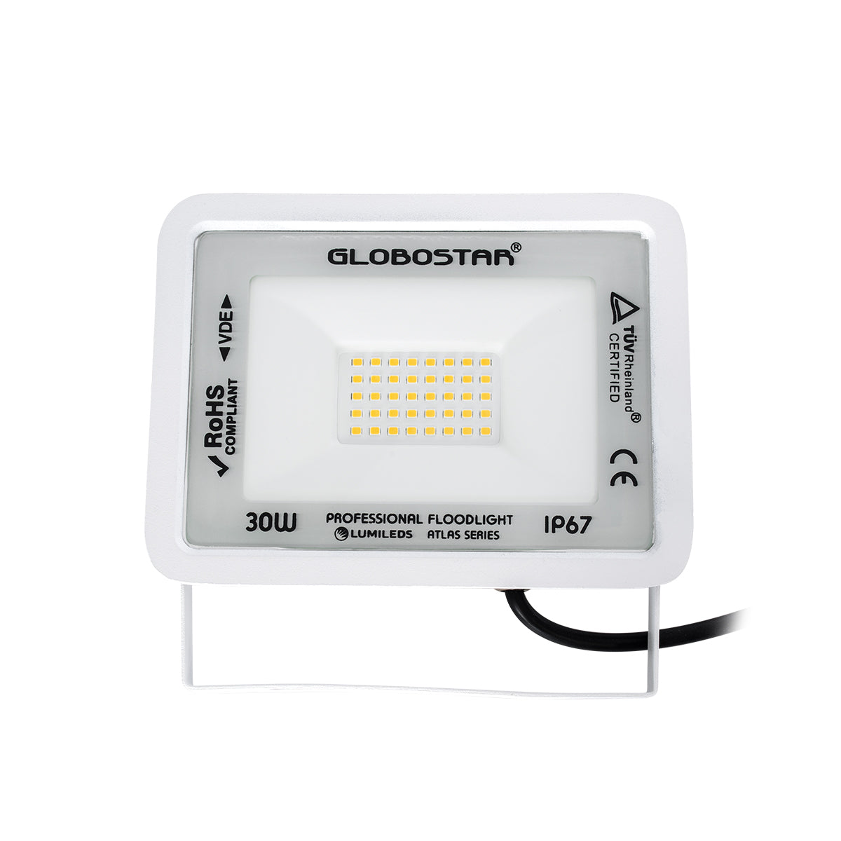 ATLAS 61415 Επαγγελματικός Προβολέας LED 30W 3450lm 120° AC 220-240V - Αδιάβροχος IP67 - Μ16 x Π2.5 x Υ12.5cm - Λευκό - Θερμό Λευκό 2700K - LUMILEDS Chips - TÜV Rheinland Certified