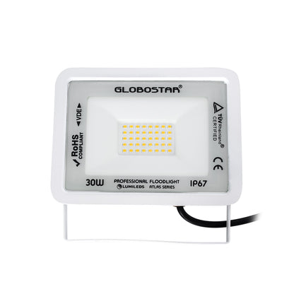 ATLAS 61415 Επαγγελματικός Προβολέας LED 30W 3450lm 120° AC 220-240V - Αδιάβροχος IP67 - Μ16 x Π2.5 x Υ12.5cm - Λευκό - Θερμό Λευκό 2700K - LUMILEDS Chips - TÜV Rheinland Certified