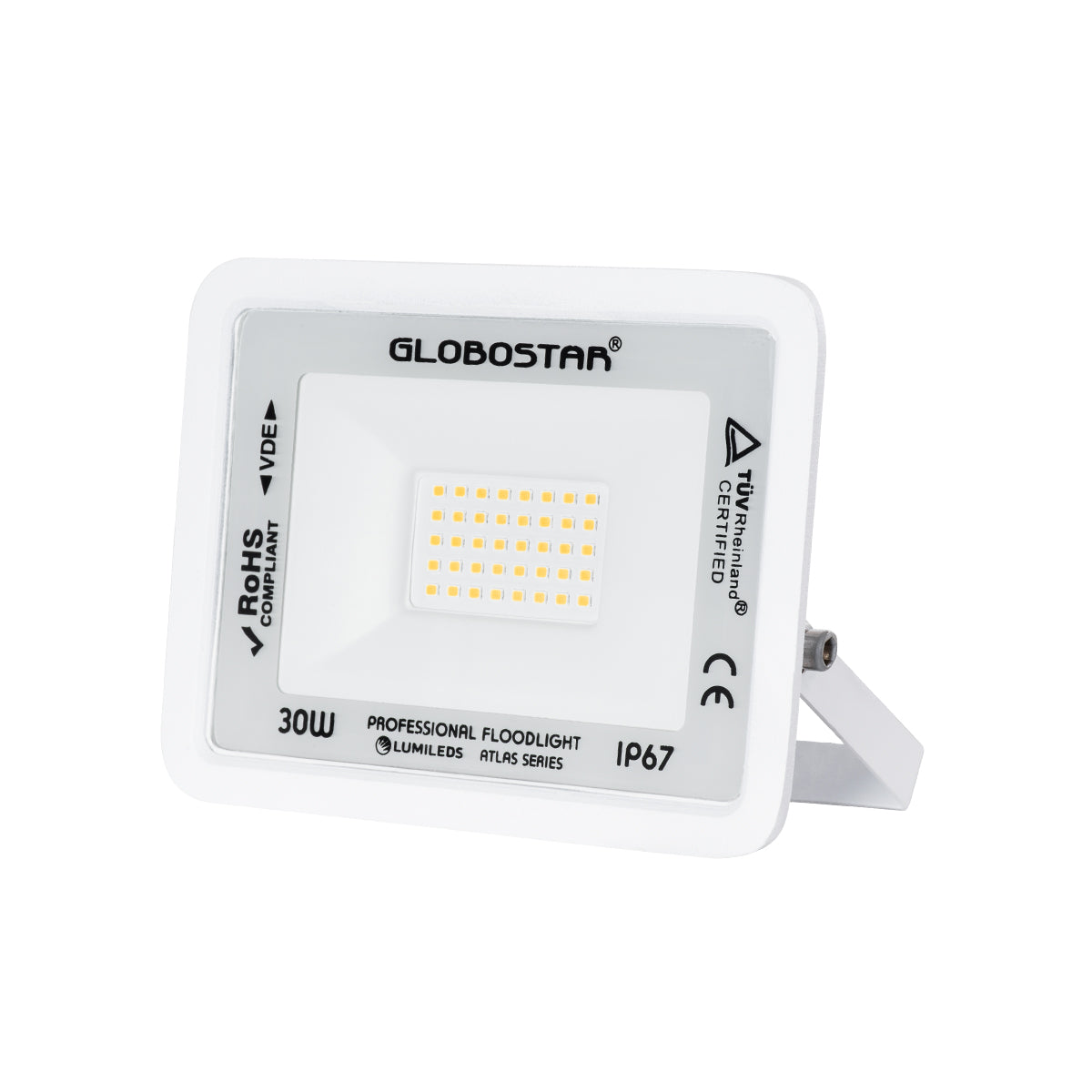 ATLAS 61415 Επαγγελματικός Προβολέας LED 30W 3450lm 120° AC 220-240V - Αδιάβροχος IP67 - Μ16 x Π2.5 x Υ12.5cm - Λευκό - Θερμό Λευκό 2700K - LUMILEDS Chips - TÜV Rheinland Certified