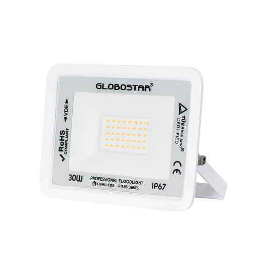ATLAS 61415 Επαγγελματικός Προβολέας LED 30W 3450lm 120° AC 220-240V - Αδιάβροχος IP67 - Μ16 x Π2.5 x Υ12.5cm - Λευκό - Θερμό Λευκό 2700K - LUMILEDS Chips - TÜV Rheinland Certified