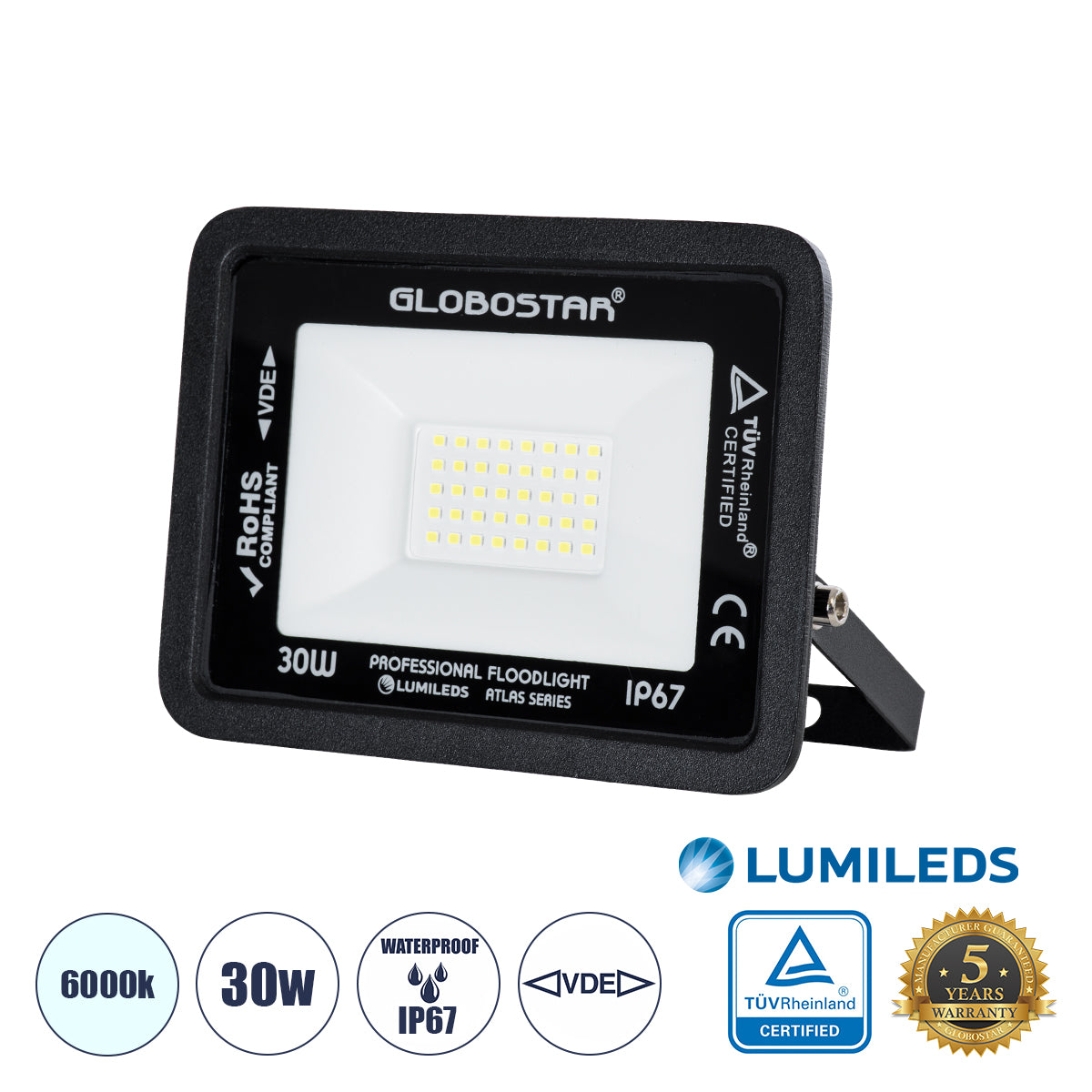 ATLAS 61416 Επαγγελματικός Προβολέας LED 30W 3750lm 120° AC 220-240V - Αδιάβροχος IP67 - Μ16 x Π2.5 x Υ12.5cm - Μαύρο - Ψυχρό Λευκό 6000K - LUMILEDS Chips - TÜV Rheinland Certified