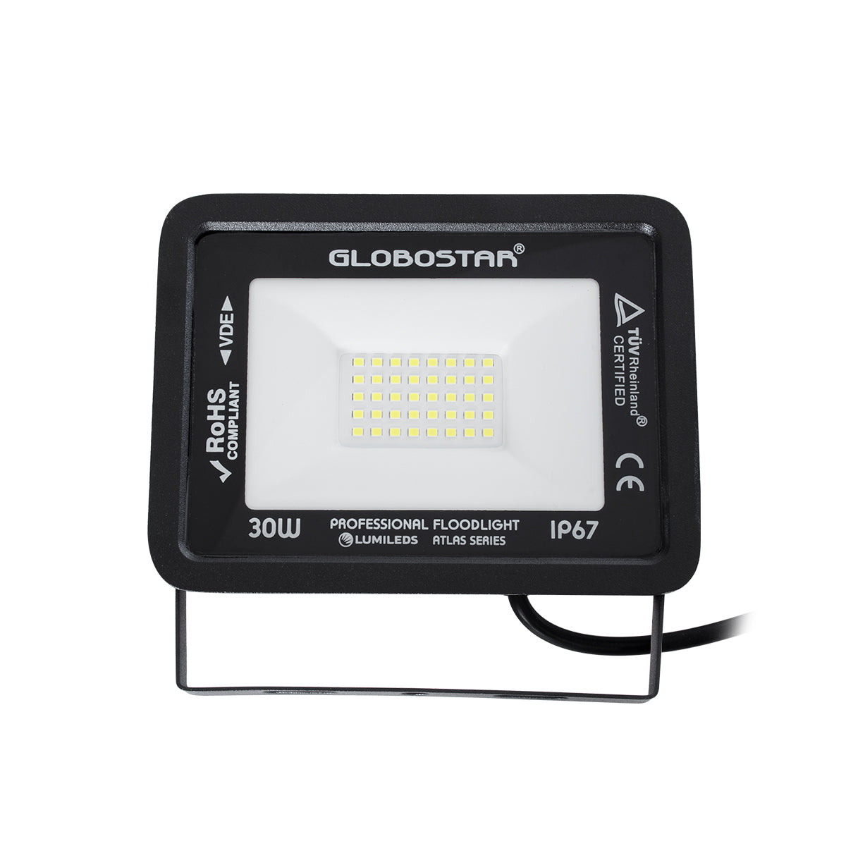 ATLAS 61416 Επαγγελματικός Προβολέας LED 30W 3750lm 120° AC 220-240V - Αδιάβροχος IP67 - Μ16 x Π2.5 x Υ12.5cm - Μαύρο - Ψυχρό Λευκό 6000K - LUMILEDS Chips - TÜV Rheinland Certified