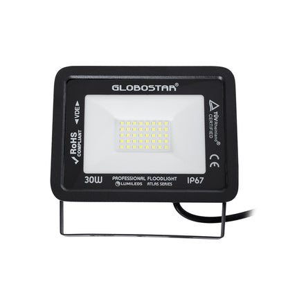ATLAS 61416 Επαγγελματικός Προβολέας LED 30W 3750lm 120° AC 220-240V - Αδιάβροχος IP67 - Μ16 x Π2.5 x Υ12.5cm - Μαύρο - Ψυχρό Λευκό 6000K - LUMILEDS Chips - TÜV Rheinland Certified