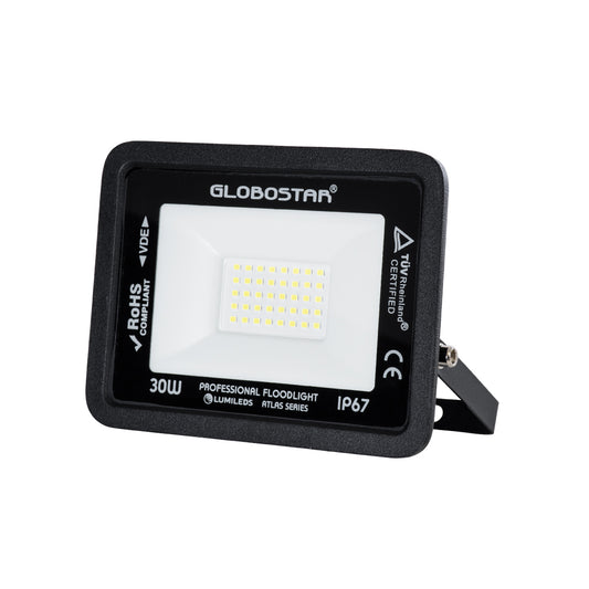 ATLAS 61416 Επαγγελματικός Προβολέας LED 30W 3750lm 120° AC 220-240V - Αδιάβροχος IP67 - Μ16 x Π2.5 x Υ12.5cm - Μαύρο - Ψυχρό Λευκό 6000K - LUMILEDS Chips - TÜV Rheinland Certified
