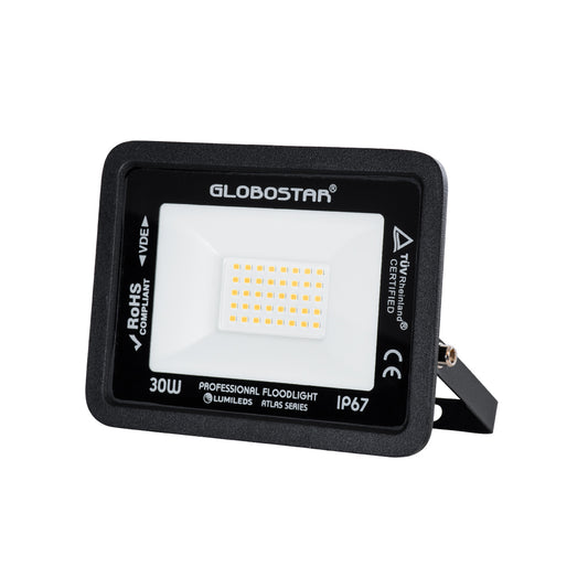 ATLAS 61418 Προβολέας LED 30W 3450lm 120° AC 220-240V Αδιάβροχο IP67 Θερμό Λευκό 2700K - Lumileds SMD Chip - TÜV Rheinland Certified - Μαύρο Ματ - Μ16 x Π2.5 x Υ12.5