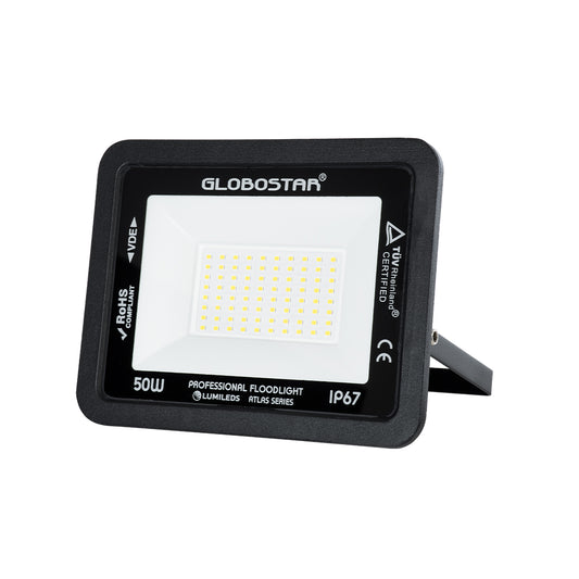 ATLAS 61423 Προβολέας LED 50W 6000lm 120° AC 220-240V Αδιάβροχο IP67 Φυσικό Λευκό 4500K - Lumileds SMD Chip - TÜV Rheinland Certified - Μαύρο Ματ - Μ21 x Π3.5 x Υ16