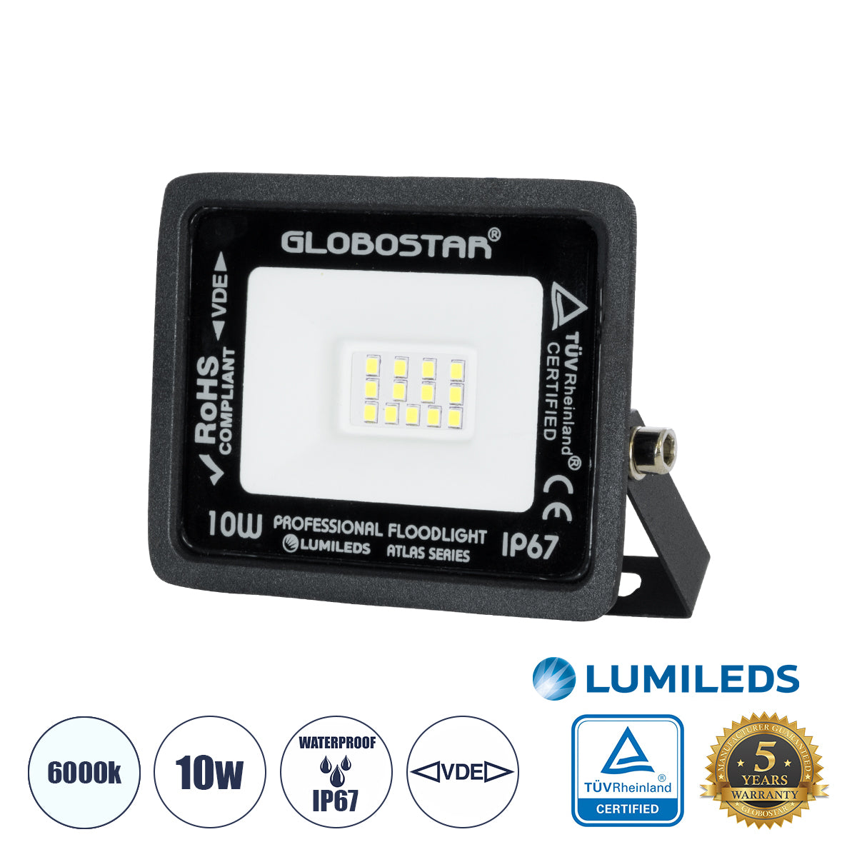 ATLAS 61515 Επαγγελματικός Προβολέας LED 10W 1250lm 120° AC 220-240V - Αδιάβροχος IP67 - Μ10 x Π2 x Υ8cm - Μαύρο - Ψυχρό Λευκό 6000K - LUMILEDS Chips - TÜV Rheinland Certified