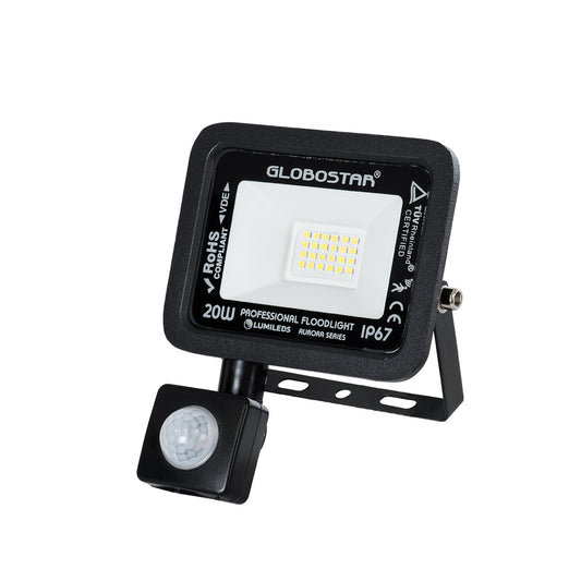 AURORA 61437 Επαγγελματικός Προβολέας LED 20W 2500lm 120° AC 220-240V με Ενσωματωμένο Ρυθμιζόμενο Αισθητήρα Κίνησης PIR - Αδιάβροχος IP67 - Μ12 x Π5 x Υ14.5cm - Μαύρο - Ψυχρό Λευκό 6000K - LUMILEDS Chips - TÜV Rheinland Certified