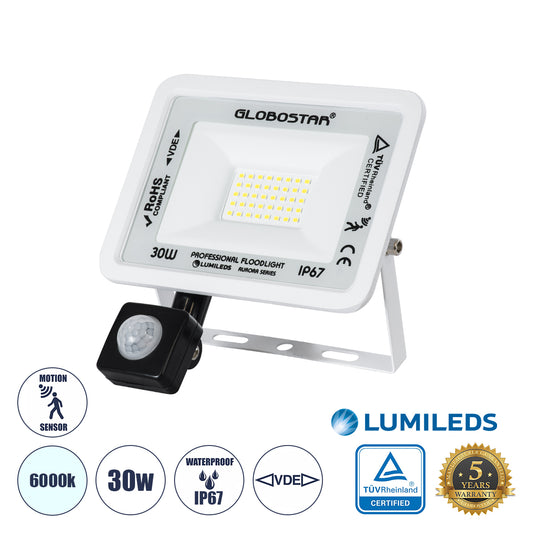 AURORA 61440 Επαγγελματικός Προβολέας LED 30W 3750lm 120° AC 220-240V με Ενσωματωμένο Ρυθμιζόμενο Αισθητήρα Κίνησης PIR - Αδιάβροχος IP67 - Μ16 x Π5 x Υ17.5cm - Λευκό - Ψυχρό Λευκό 6000K - LUMILEDS Chips - TÜV Rheinland Certified