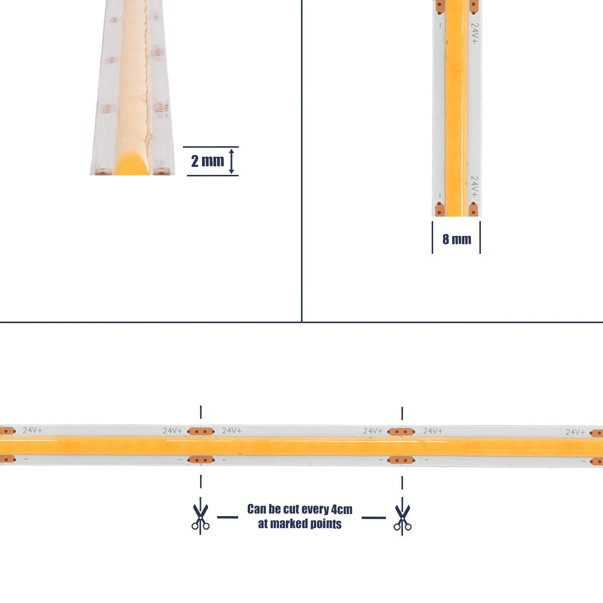 BEE 70361 Ταινία LED 8W/m 720lm/m 120° DC 24V IP20 320 x COB Chip/m Θερμό Λευκό 2700K Dimmable - Sanan COB Chip - Μ500 x Π0.8 x Υ0.2cm - Ρολό 5 Μέτρων