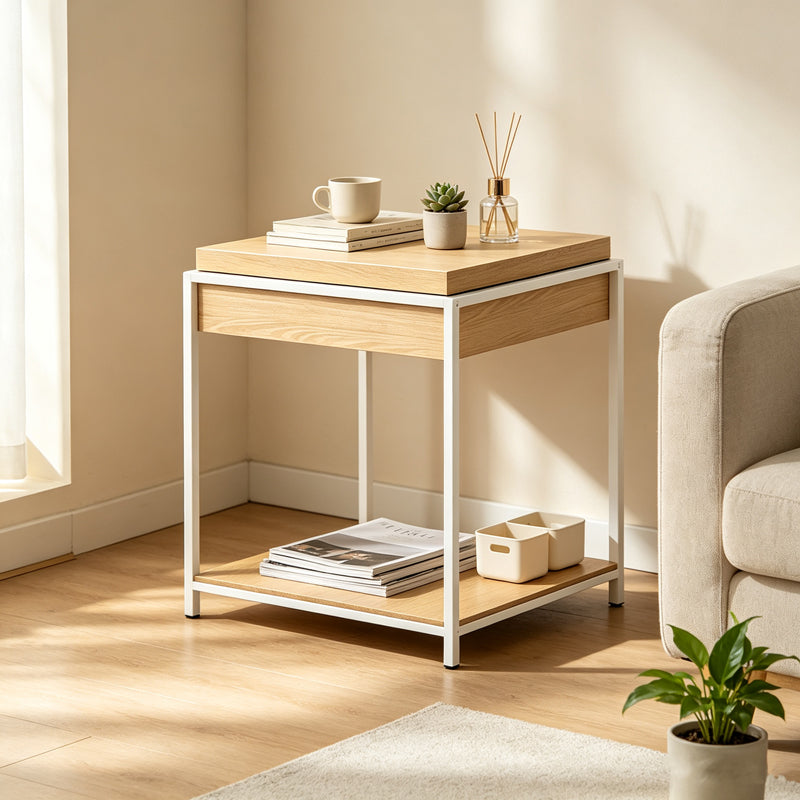 Βοηθητικό Τραπέζι Odar με Αποθηκευτικό Χώρο Sonoma MDF με Λευκό Μέταλλο 51x51x60