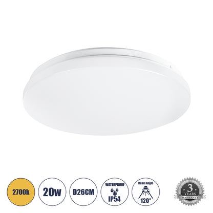 CELANO 61007 LED Πλαφονιέρα Οροφής Στρόγγυλη Φ26 20W 1800lm 120° AC 220-240V Αδιάβροχη IP54 Φ26 x Υ6cm Θερμό Λευκό 2700K