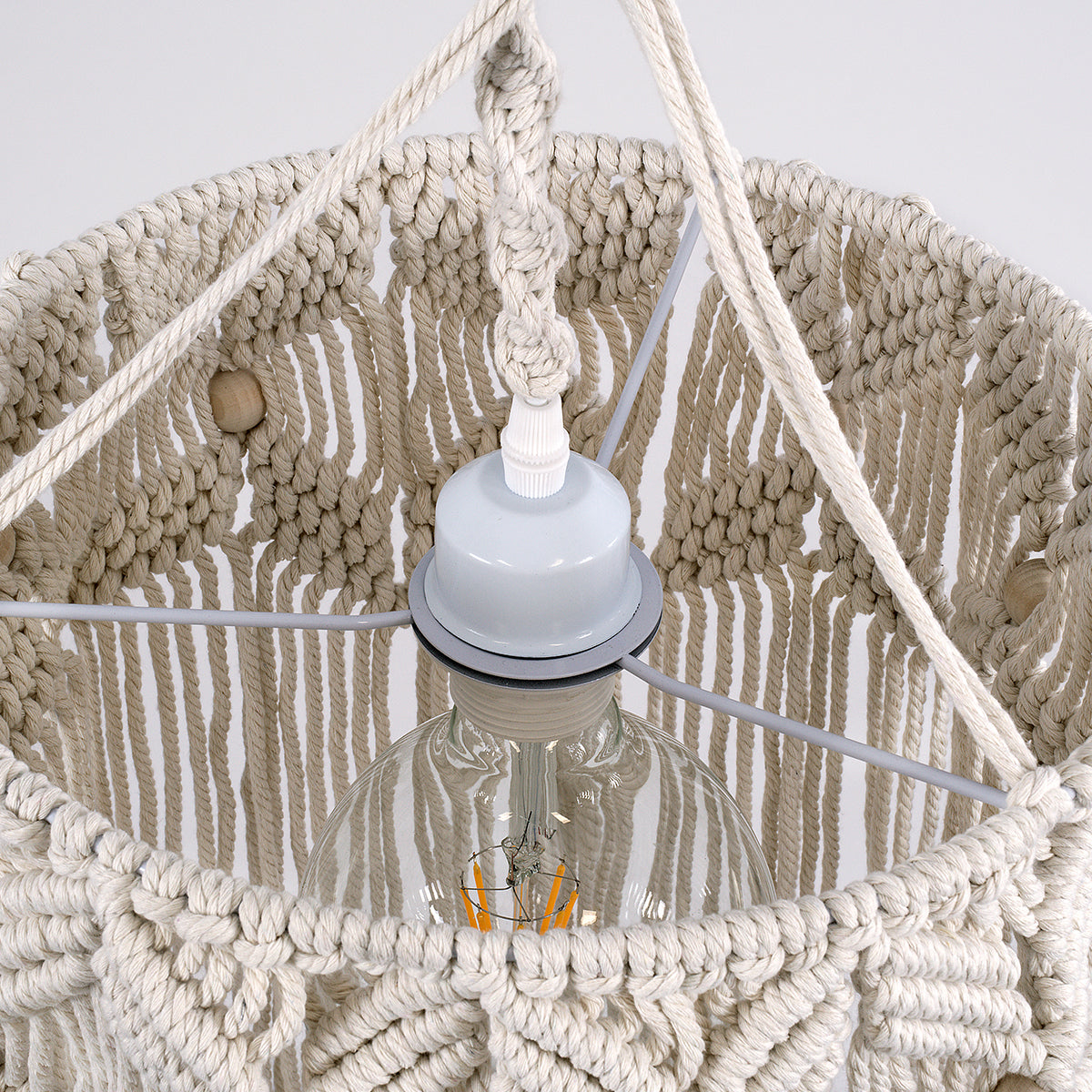 CONGO 36206 Boho - Μακραμέ - Macrame Κρεμαστό Φωτιστικό Οροφής Μονόφωτο 1 x E27 Πλεκτό Χειροποίητο Μπεζ Υφασμάτινο με Σχοινί Φ30 x Υ50cm