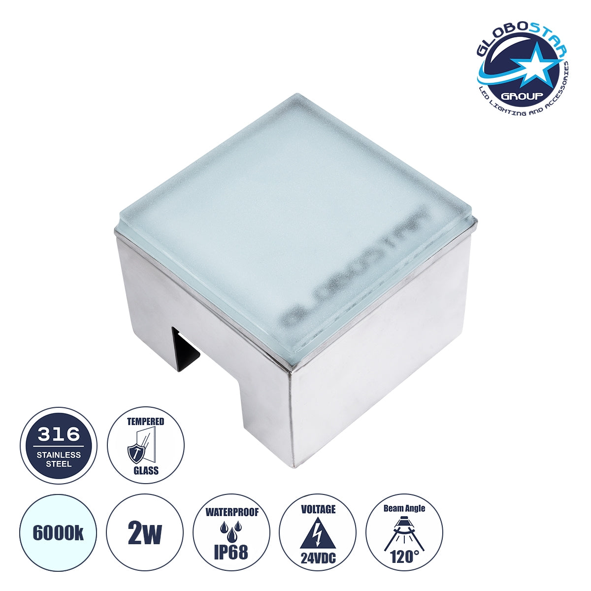 CYBOLITHOS 60366 Χωνευτό Φωτιστικό Σποτ Δαπέδου LED 2W 270lm 120° DC 24V Αδιάβροχο IP68 IK06 Μ10 x Π10 x Υ8cm 6000K Dimmable - Tempered Γαλακτερό Γυαλί & Ανοξείδωτο Ατσάλι - Bridgelux Chip
