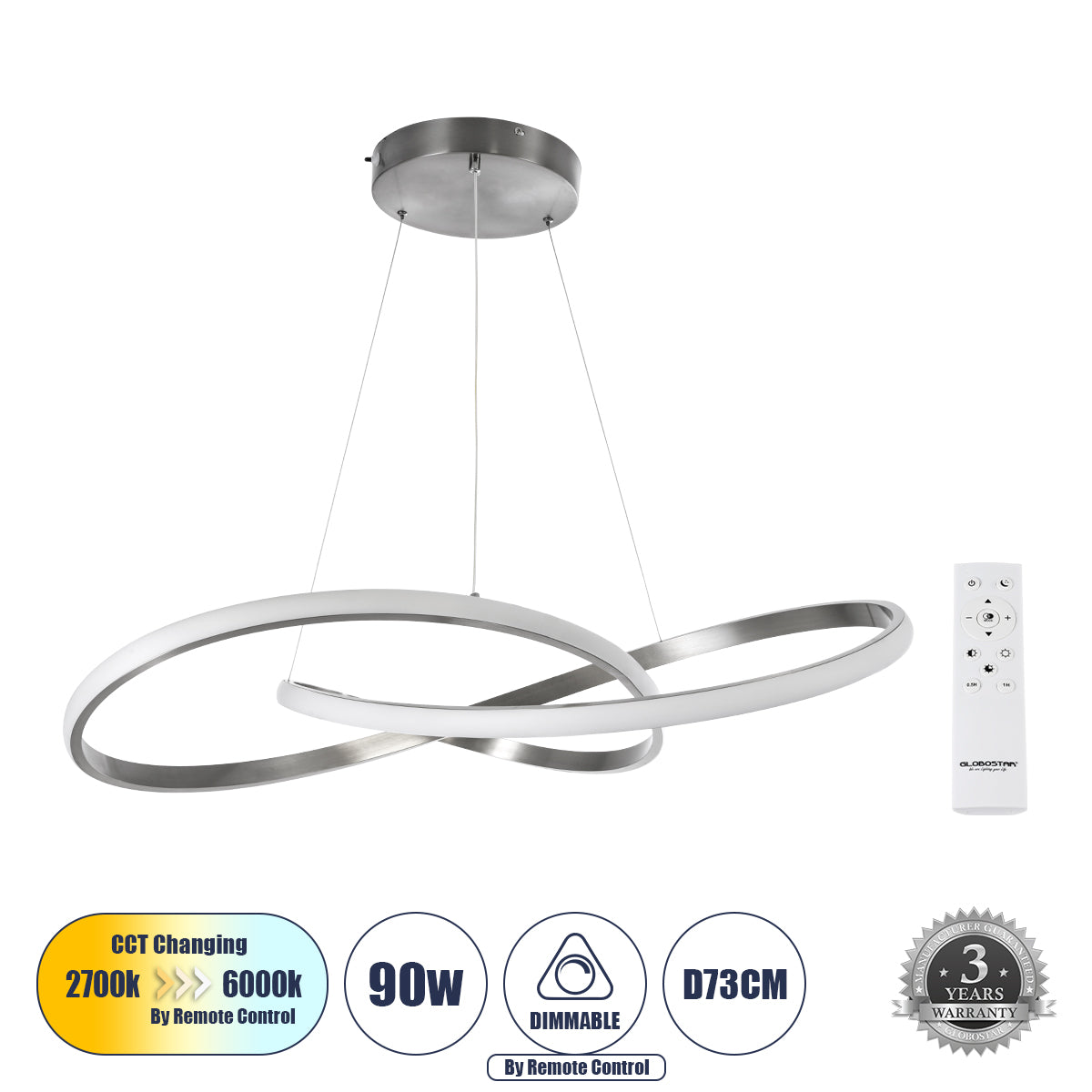 DEXTER 60915 Κρεμαστό Φωτιστικό Οροφής Design LED CCT 90W 10080lm 300° AC 220-240V - Εναλλαγή Φωτισμού μέσω Τηλεχειριστηρίου All In One Ψυχρό 6000k+Φυσικό 4500k+Θερμό 2700k Dimmable Φ73cm - Νίκελ Βούρτσας
