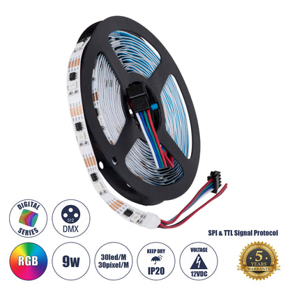 DIGIPRO 90599 Ψηφιακή Pixel Addressable Ταινία LED 9W/m 540lm/m 120° DC 12V IP20 30 x SMD5050 Chip/m 30 x Pixel/m RGB Dimmable SPI/TTL Protocol IC TM1908 - Sanan SMD Chip - Μ500 x Π1 x Υ0.2 - Ρολό 5 Μέτρων