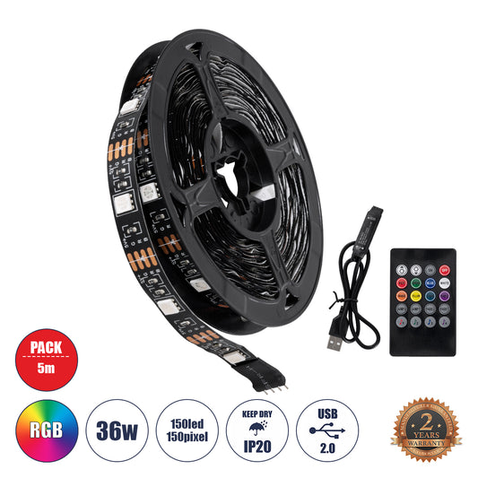 DIGISTRIP 90757 Σετ Ψηφιακής Pixel Addressable Ταινίας με IR Ασύρματο Χειριστήριο LED 36W/5m 2880lm/5m 120° DC 5V με USB 2.0 IP20 150 x SMD5050 Chip/5m 150 x Pixel/5m Πολύχρωμο RGB Dimmable SPI/TTL Protocol - Μ500 x Π1 x Υ0.2 - Ρολό 5 Μέτρων