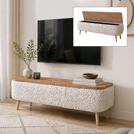 Έπιπλο Τηλεόρασης Luno Ύφασμα Teddy Χρώμα Λευκό - Pine Oak 120x30x45
