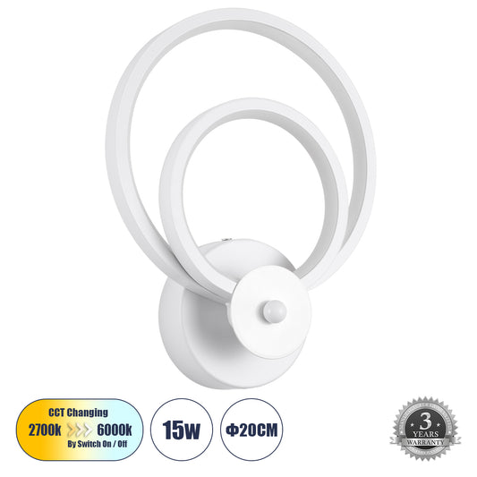 FREDDIE 61077 Φωτιστικό Τοίχου - Απλίκα Design LED CCT 15W 1800lm 300° AC 220-240V - Εναλλαγή Φωτισμού μέσω Διακόπτη On/Off All In One Ψυχρό 6000k+Φυσικό 4500k+Θερμό 2700k Μ20 x Π7.5 x Υ25cm - Λευκό
